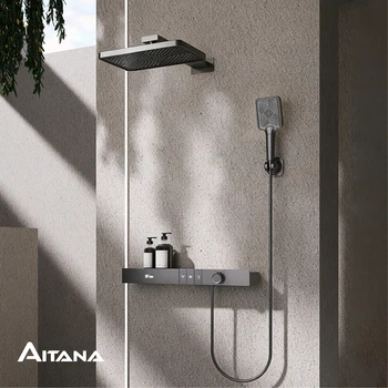 ทองเหลืองหรูหราในระบบฝักบัวติดผนังพร้อมดีไซน์ติดผนัง จอแสดงผลดิจิตอล LED สําหรับก๊อกน้ําห้องน้ํา 3 ฟังก์ชั่นน้ําร้อนและน้ําเย็น 1