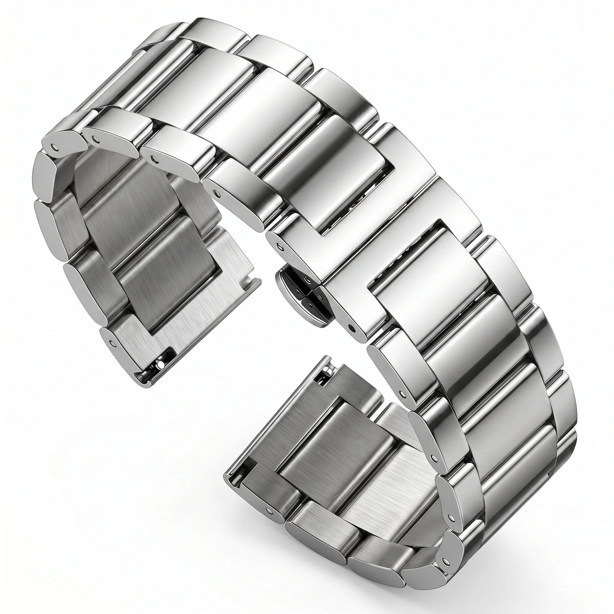 Premium Stainless Steel Metal Watch Band - Sleek Double-Fold Link Bracelet with Deployment Clasp