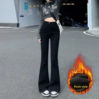 High Waist Flared Jeans Women's Fleece Lined Thickened Bootcut Denim Pants Korean Style Slimming Stretchy Floor Length Trousers