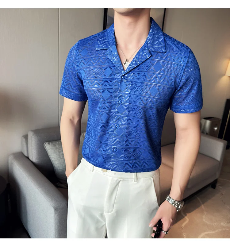 Spring/Summer Short Sleeved Shirt for Men Tailored Collar Lace Shirt Fashion Nightclub Social Party Tuxedo Blouse Streetwear