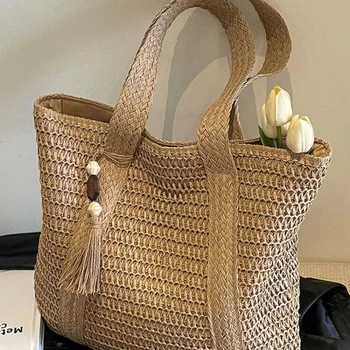 Borsa a mano in paglia fatta a mano con ciondolo con frange di grande capacità, da donna, per le vacanze, da spiaggia, casual, con manico superiore, borse a tracolla retrò 1