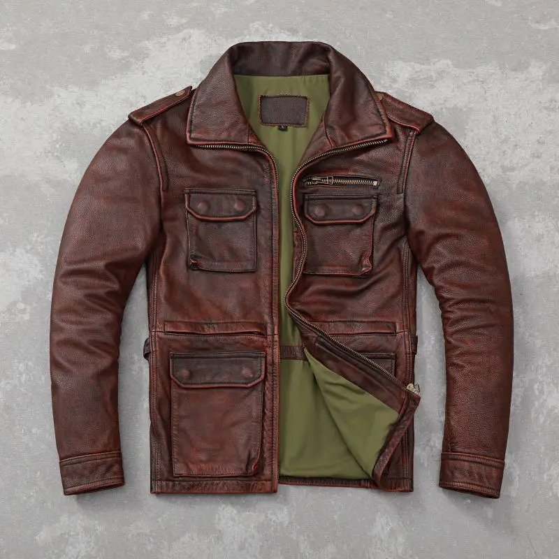 M65 Hunting Leather Jackets Long Vintage Red Brown Genuine Cowhide
