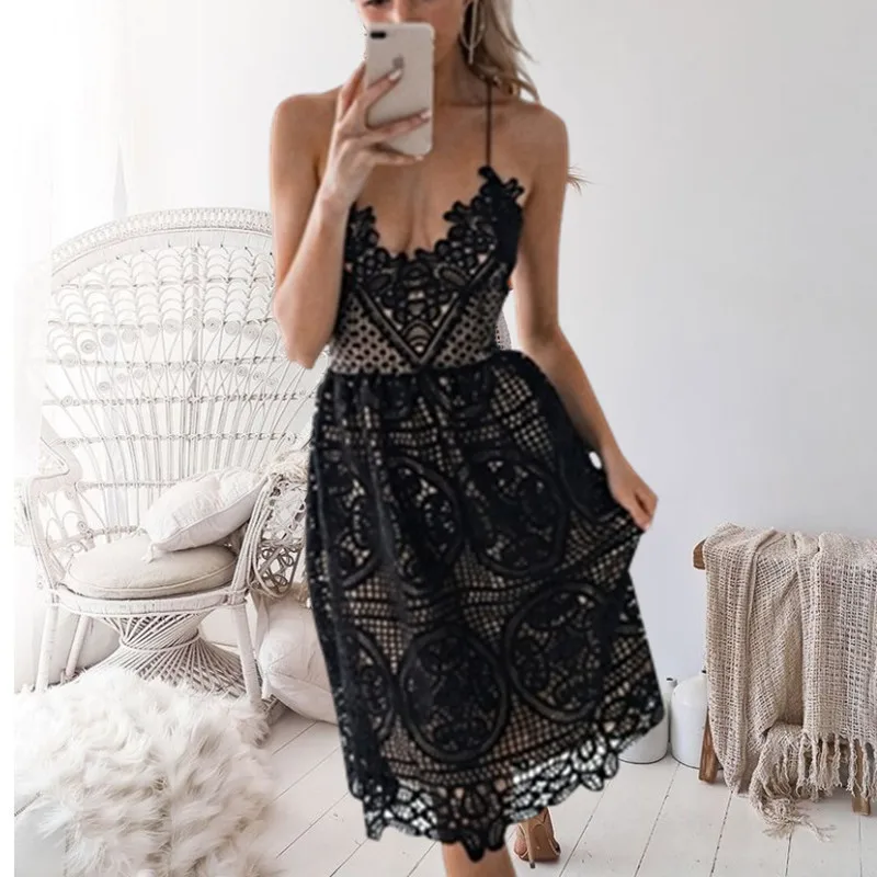 

2023 New White Lace Dress Summer Long Cover Up Crochet Beachwear Holiday Vacation Beach Dresses Sexy Backless Spaghetti Strap