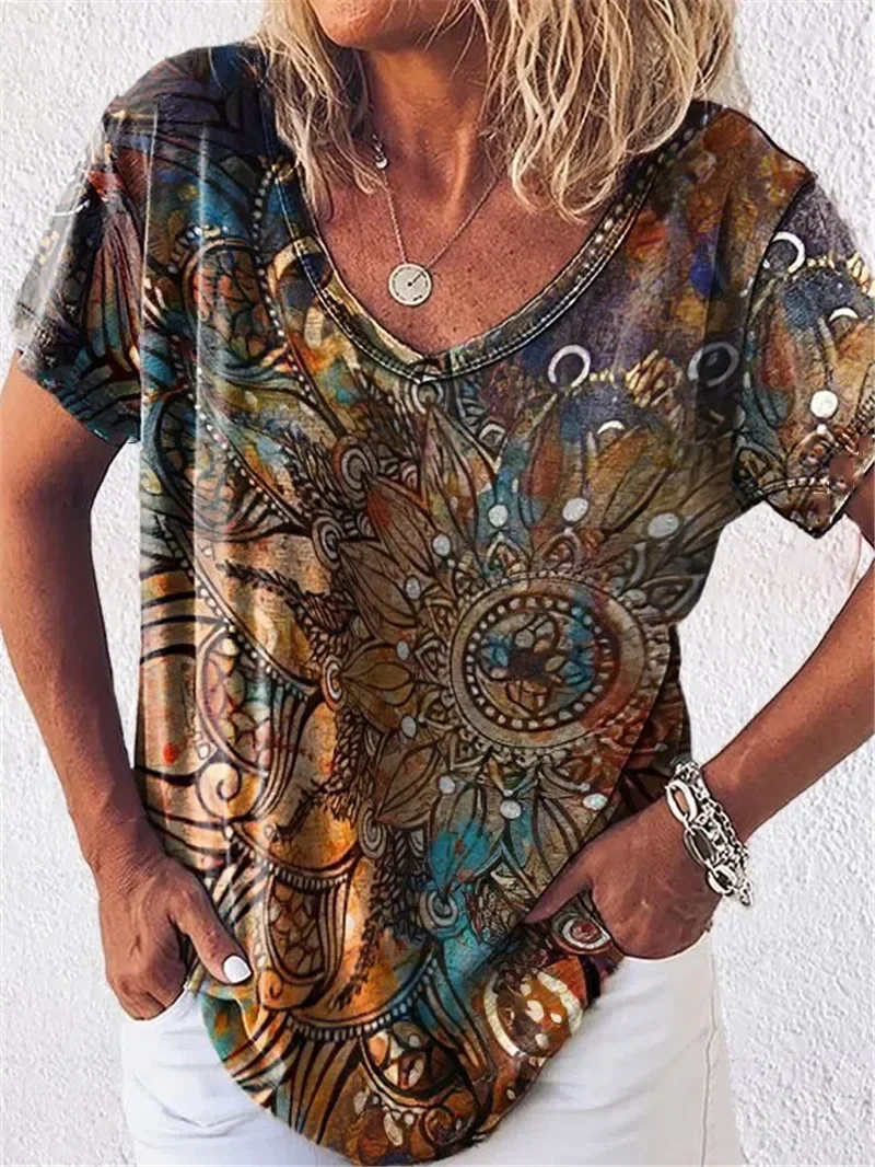 

Summer 2023 new tribal flowering plants printed short-sleeved V-neck t-shirt white