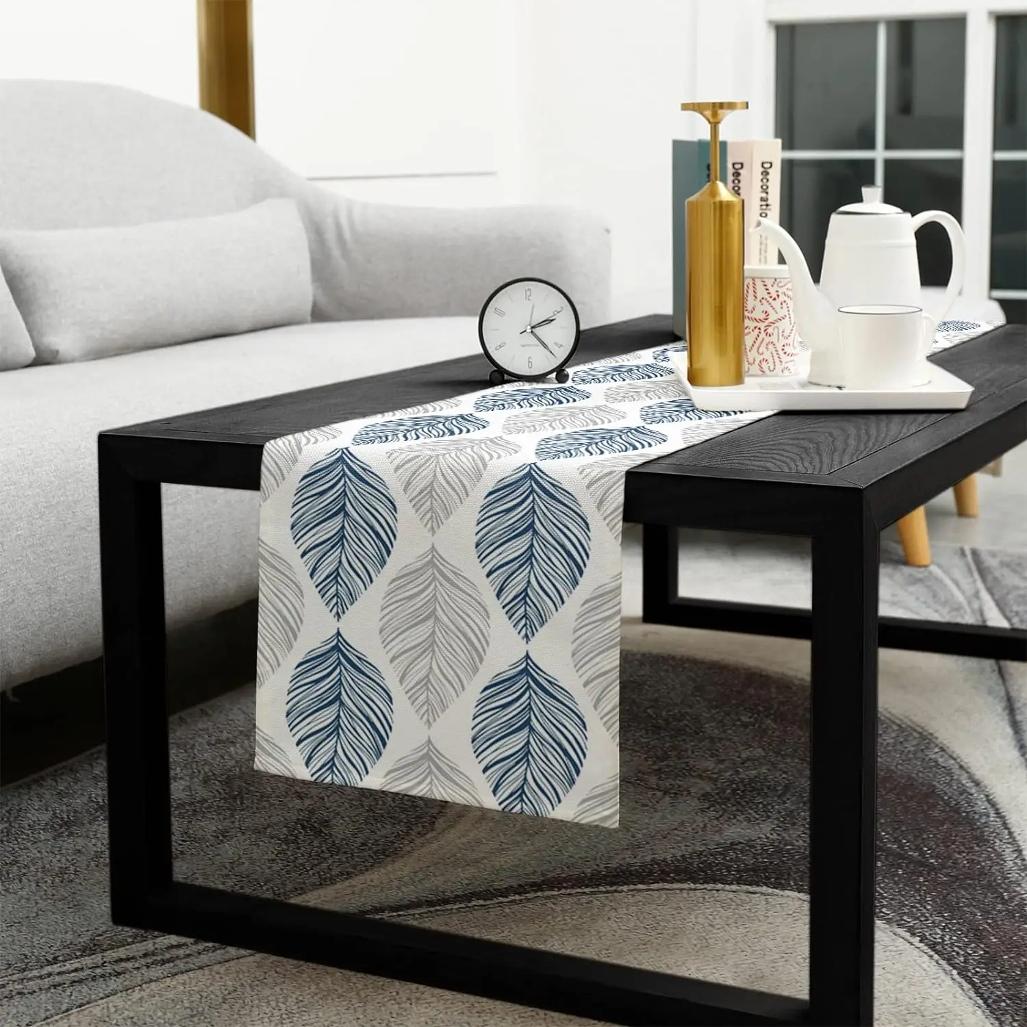 Navy Blue and Grey Leaf Texture Linen Table Runner Gray Abstract Art Leaves Dresser Scarf Table Decor Wedding Dining Party Decor 5