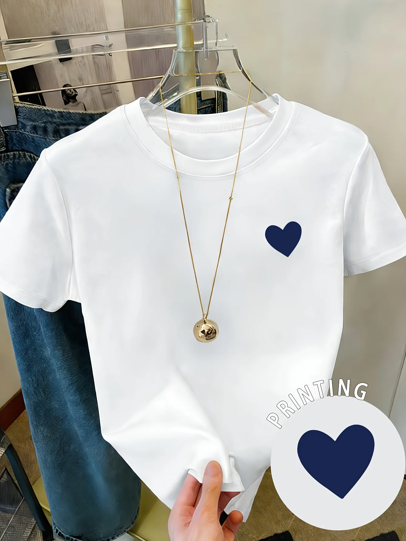 Damen-T-Shirt mit einfachem Herzmuster-Aufdruck, lässig, lockerer Rundhalsausschnitt, kurze Ärmel, 90er-Jahre-Sommer- und Frühlings-T-Shirts, Tops, Kleidung für Damen