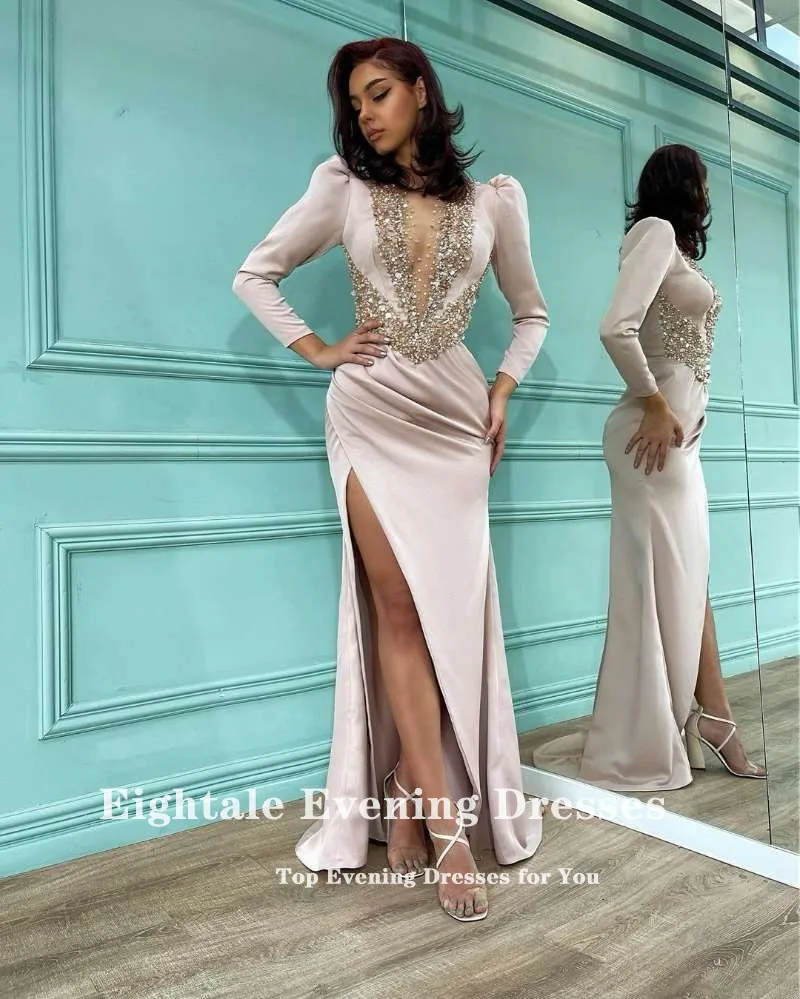 Eightale Elegant Evening Dresses Arabic O-Neck Beaded Long Sleeve Satin Mermaid Prom Gown Celebrity Party Dress Dubai long evening gowns