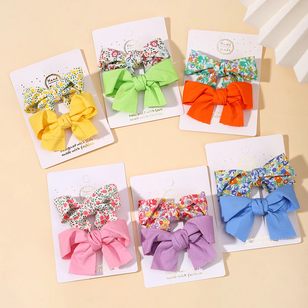 2Pcs/Set  Cute Girls Flower Baby Print Hair Clips Bows Children Handmade Hairpin Barrettes Headwear Kids Hair Accessories Gifts