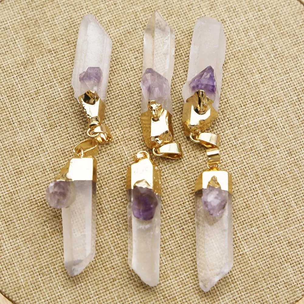 Natural Raw Stone White Crystal Pillar Six Prism Gold Plated Pendant Irregular Amethyst Necklace Charms Jewelry Accessories 8Pcs