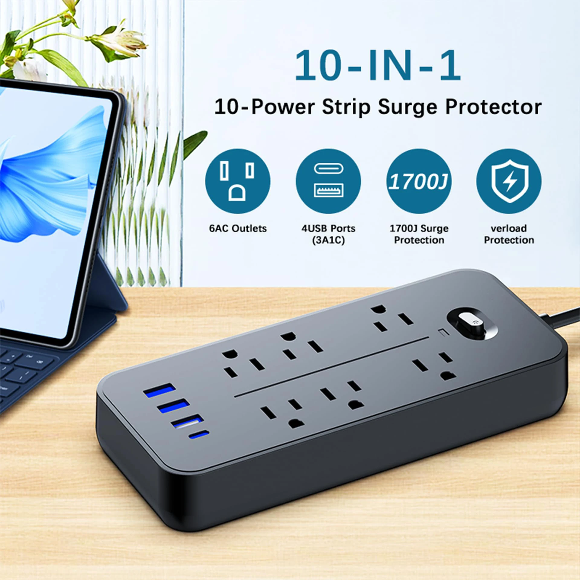 Power Strip US Plug AC Outlets Multitap Electrical Socket Extension Cord With USB C Ports Fast Charging Network Filter Adapter
