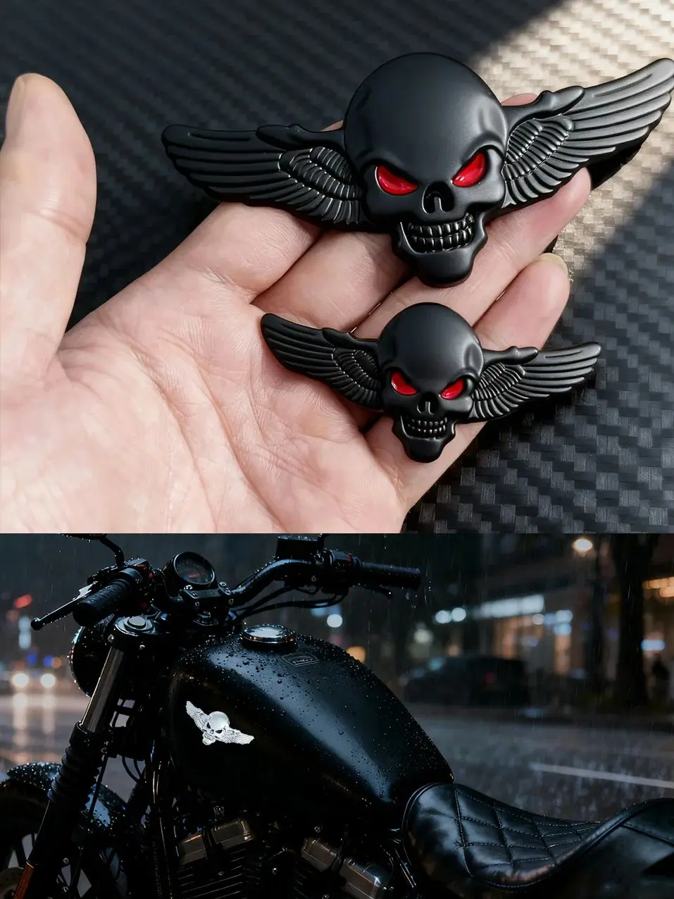 Totenkopf mit Flügeln, Metallaufkleber für Motorräder – universell passgenauer Vorder-/Tank-/Heckspoiler – cooler Fahrer-Dekor-Aufkleber – Detail 2