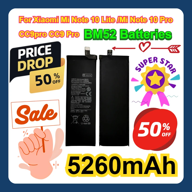 For Xiaomi Mi Note 10 Lite /Mi Note 10 Pro / CC9pro CC9 Pro 5260mAh Batteries Battery BM52