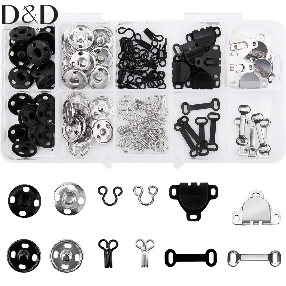 LUTER 200 Pezzi Ganci E Fermagli Per Cucire, Kit Da 100 Paia, 3 Stili (ganci Reggiseno, Automatici, Ganci E Occhielli), In Ottone, Nero E Argento, Con Scatola Portaoggetti