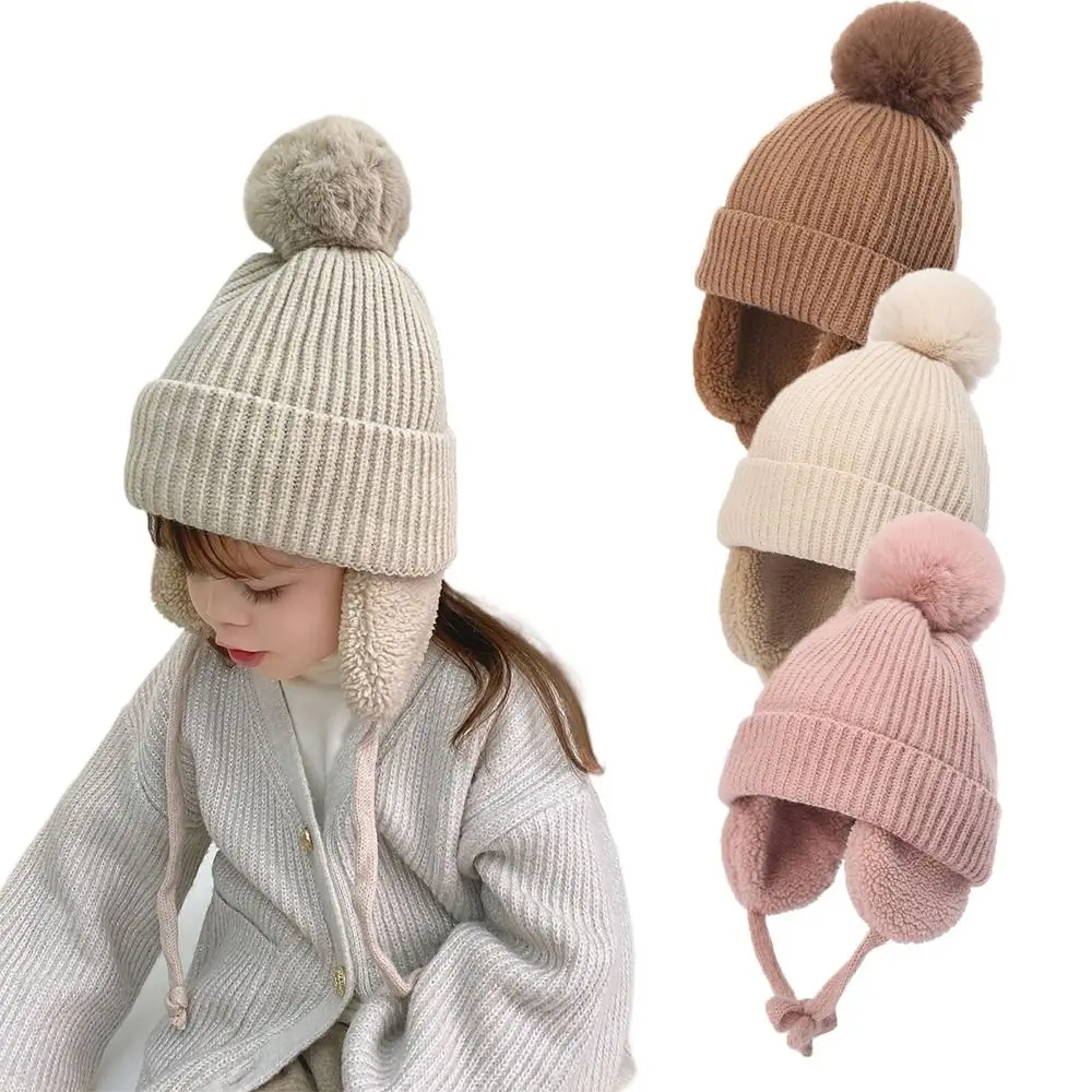 Fashion Children Plush Lining Knitted Hats Warm Cap Cashmere Hat EarFlaps Hat