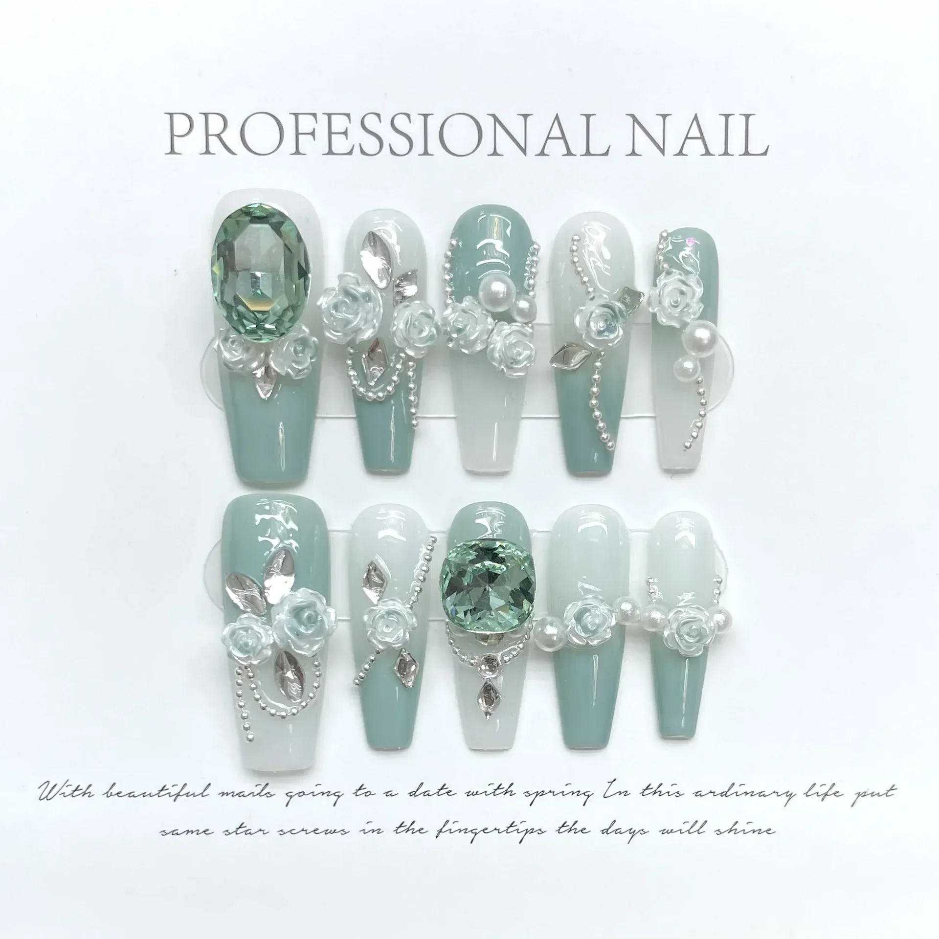 

10Pcs Camellia Handmade Green Press on Nails Ballet Wearable Rhinestone False Nails Decoration Chain Manicure Fake Nails Tips