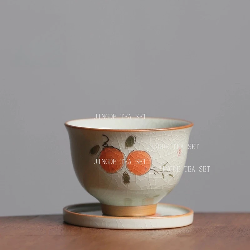 1pc Persimmon Tea Cup Chinese Small Capacity Tea Cup Home Underglaze Color Ice Cracked Glaze Master Cup Drinking Utensils