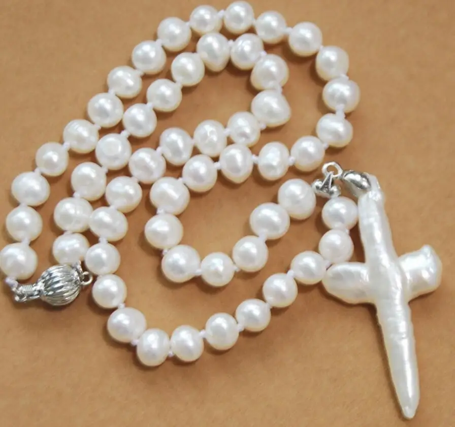 

7-8MM Natural White Akoya Cultured Pearl & Cross Pendant necklace 18inch