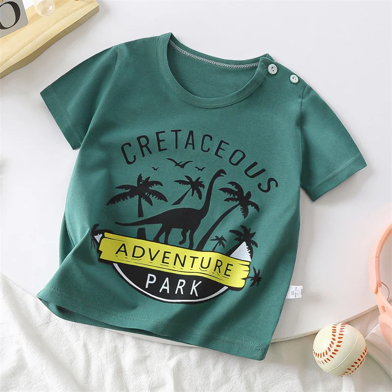 Summer Short Sleeve Soft Cotton T-Shirt Kids Baby Boys Cartoon Dinosaur Dog Crocodile Print Tracksuit Casual Clothes 1-4 Years
