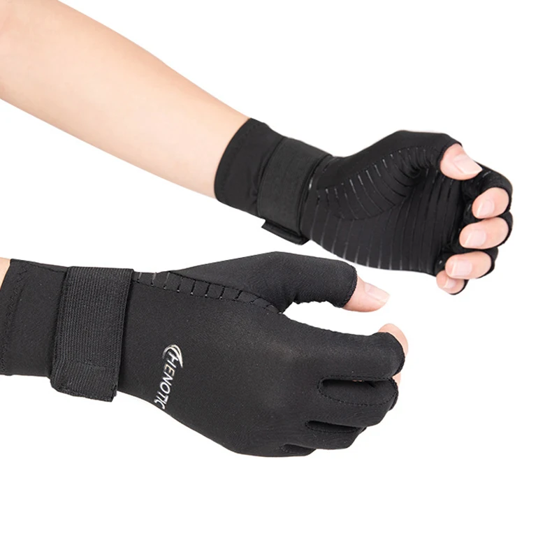 Unisex Mittens Wrist Support Joint Pain Health-care Copper Fiber Pressure Gloves Compression Arthritis Gloves with Strap 1 Pairs