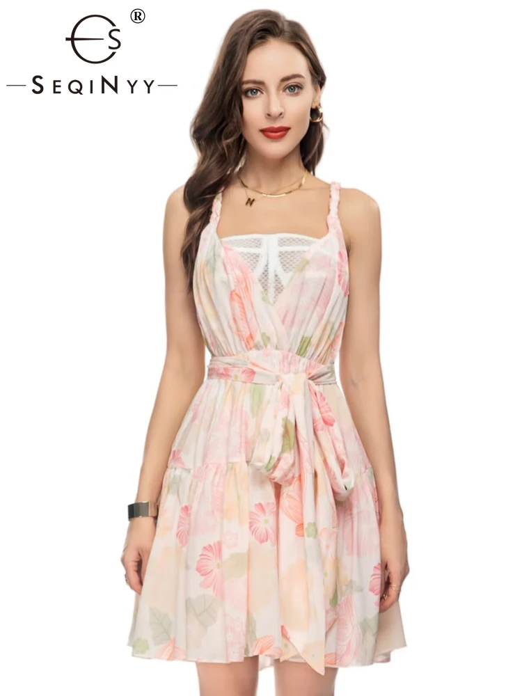

SEQINYY Mesh Plaid Dress Summer Spring New Fashion Design Women Runway High Street Vintage Pink Flowers Print A-Line Strapless