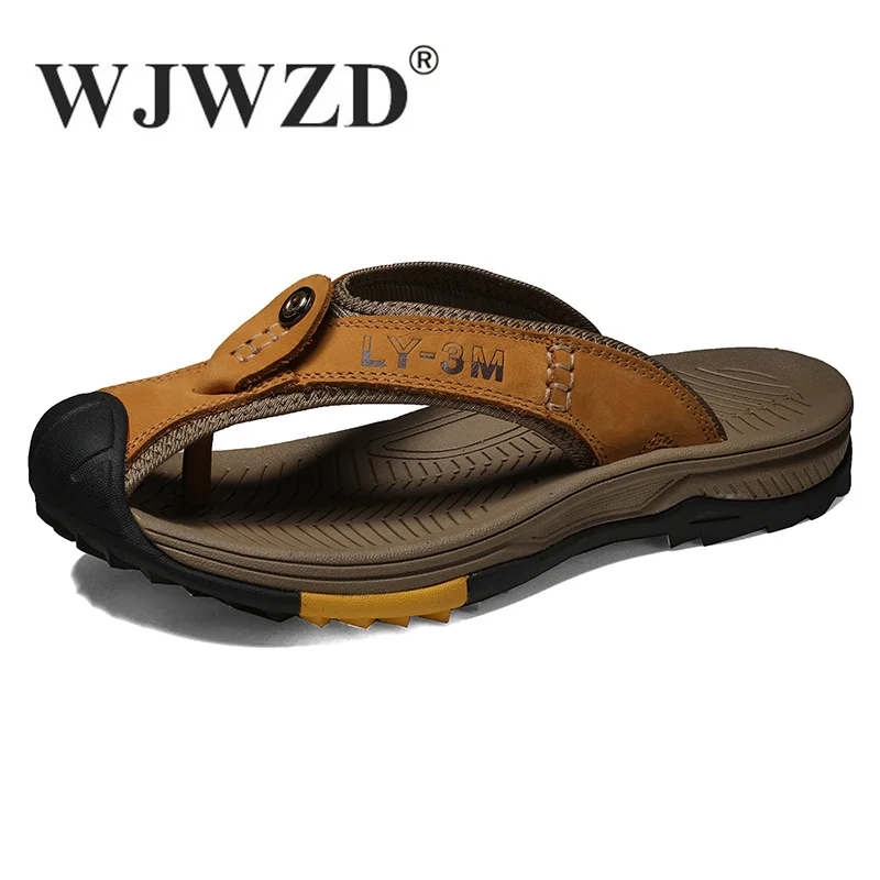 

Summer Men Slippers Genuine Leather Slides Men Outdoor Sandals Slip-On Flip Flops Casual Sandals Men Beach Shoes Plus Size 38-48