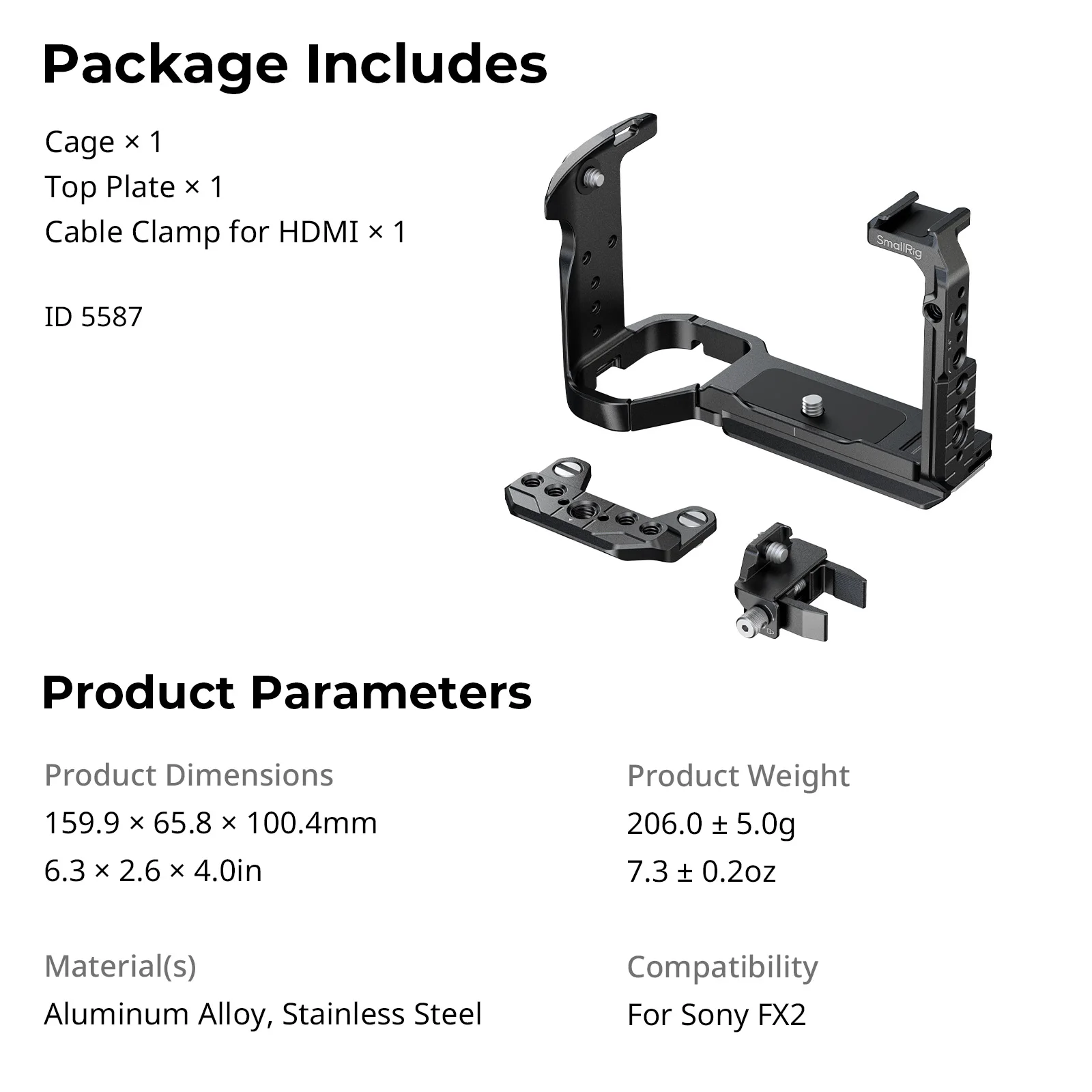 FX2 Cage for Sony FX2, Camera Cage Rig Kit With Top Plate Cable Clamp Cold Shoe