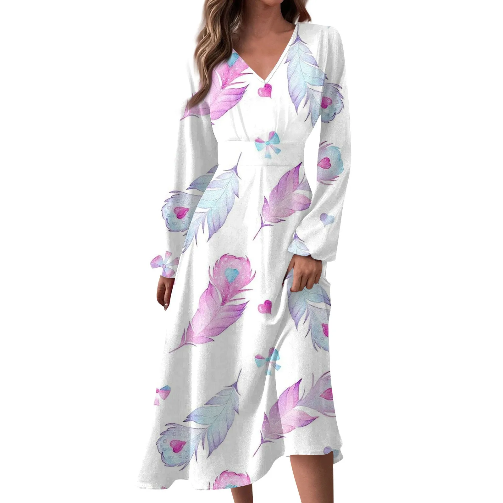 

New Women's Spring And Autumn Casual Fashion V-neck Long Sleeve Floral Printed Long Dresses Robe Femme Chic Et élégante