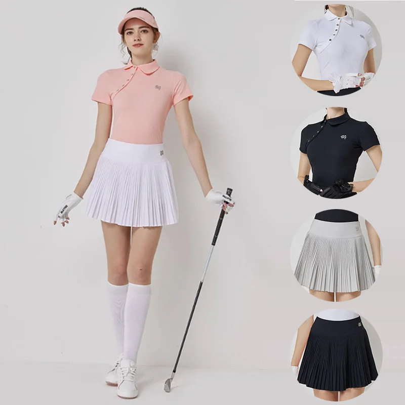 Blktee Women Short Sleeve Golf T-shirt Retro Stand Collar Top Lady Anti-light Pleated Skirt Soft High-waisted Culottes Golf Sets