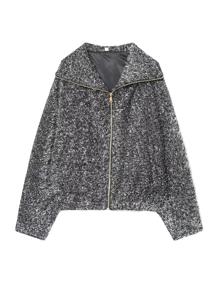Fall New Metallic Thread Bomber Jacket For Women Long Sleeve Vintage Zipper Streetwear Casual Loose Lady Lapel Fashion Outerwear