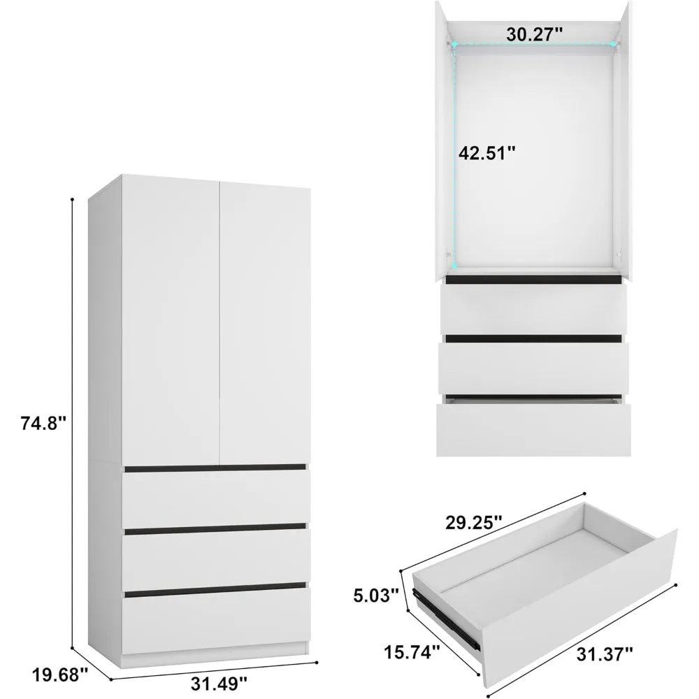 Modern 75" White Bedroom Armoire Wardrobe Closet with 3 Drawers and Shelves - Stylish Storage Solution 2