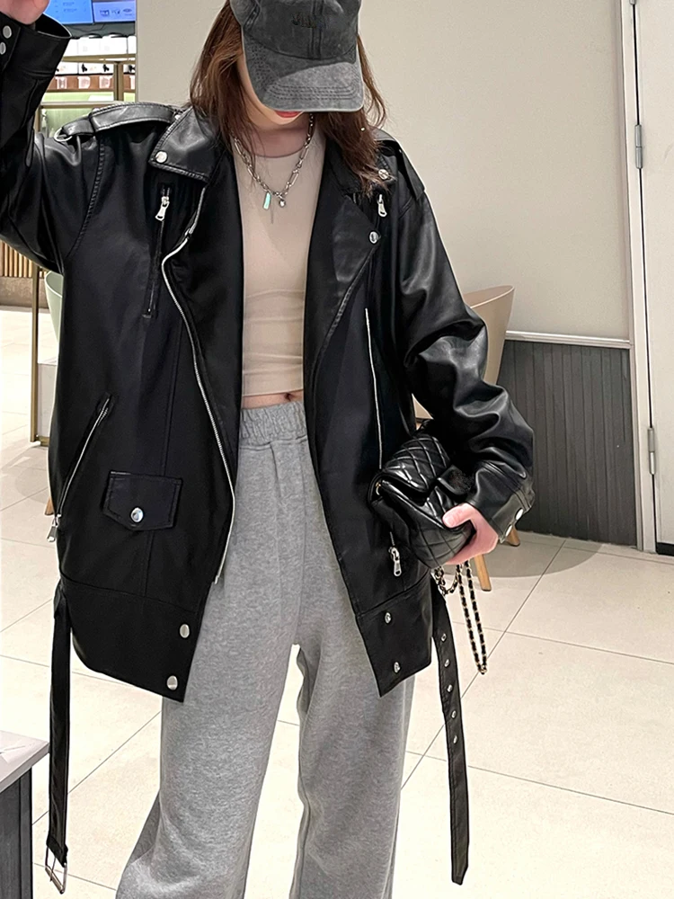 Sungtin Black PU Leather Jackets Women with Belt Oversized