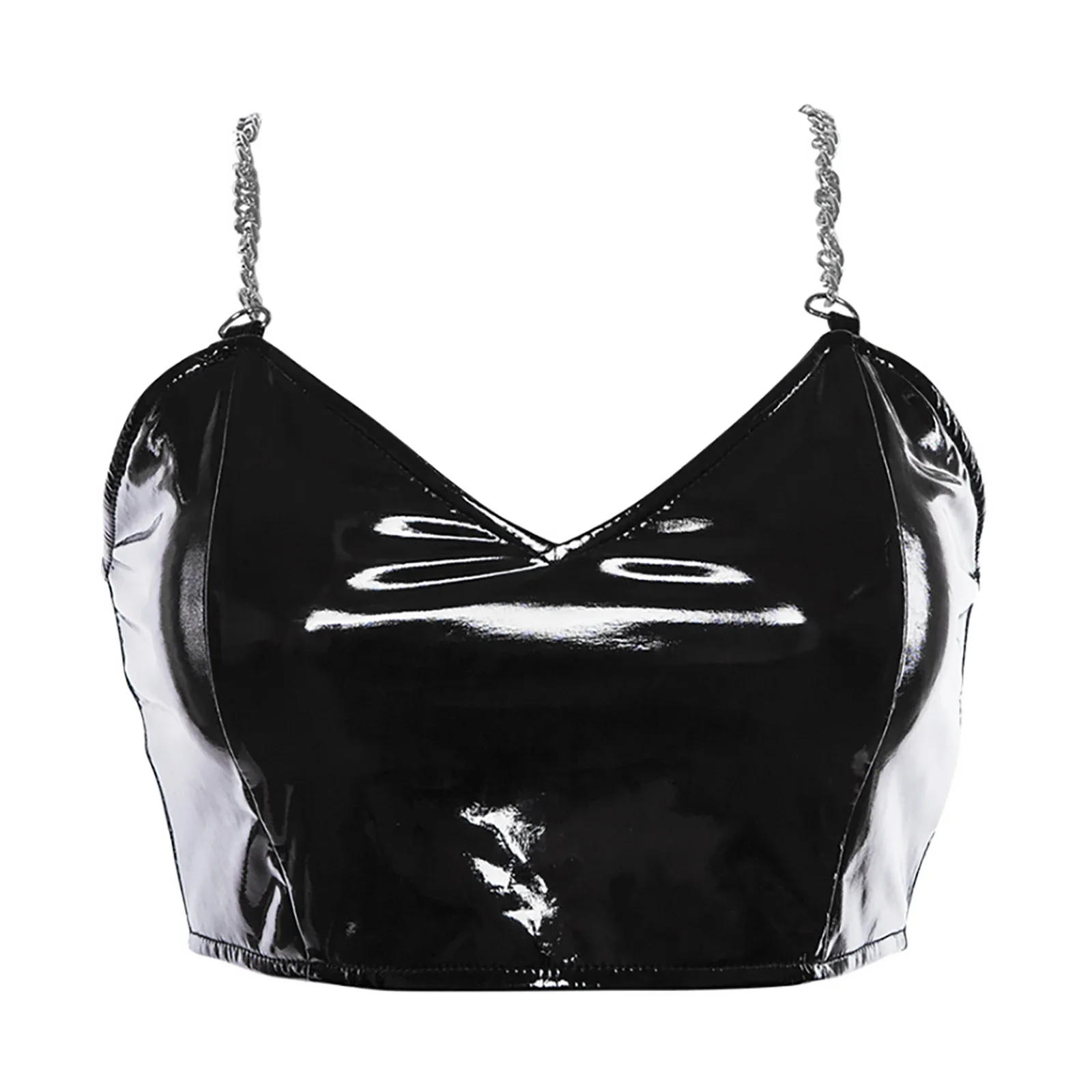 

MOJY Latex Patent Leather Crop Tops Ladies Gothic Metal Chain V Neck Zipper Back Fashion Corset Nightclub Dancing Costume