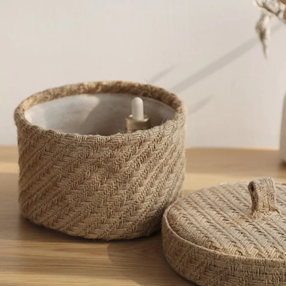 Weaving Snack Storage Box Jute  Sundries Storage Baskets With Lids Wardrobe Table Round Gift Box Wicker Seagrass Flower Pot 4