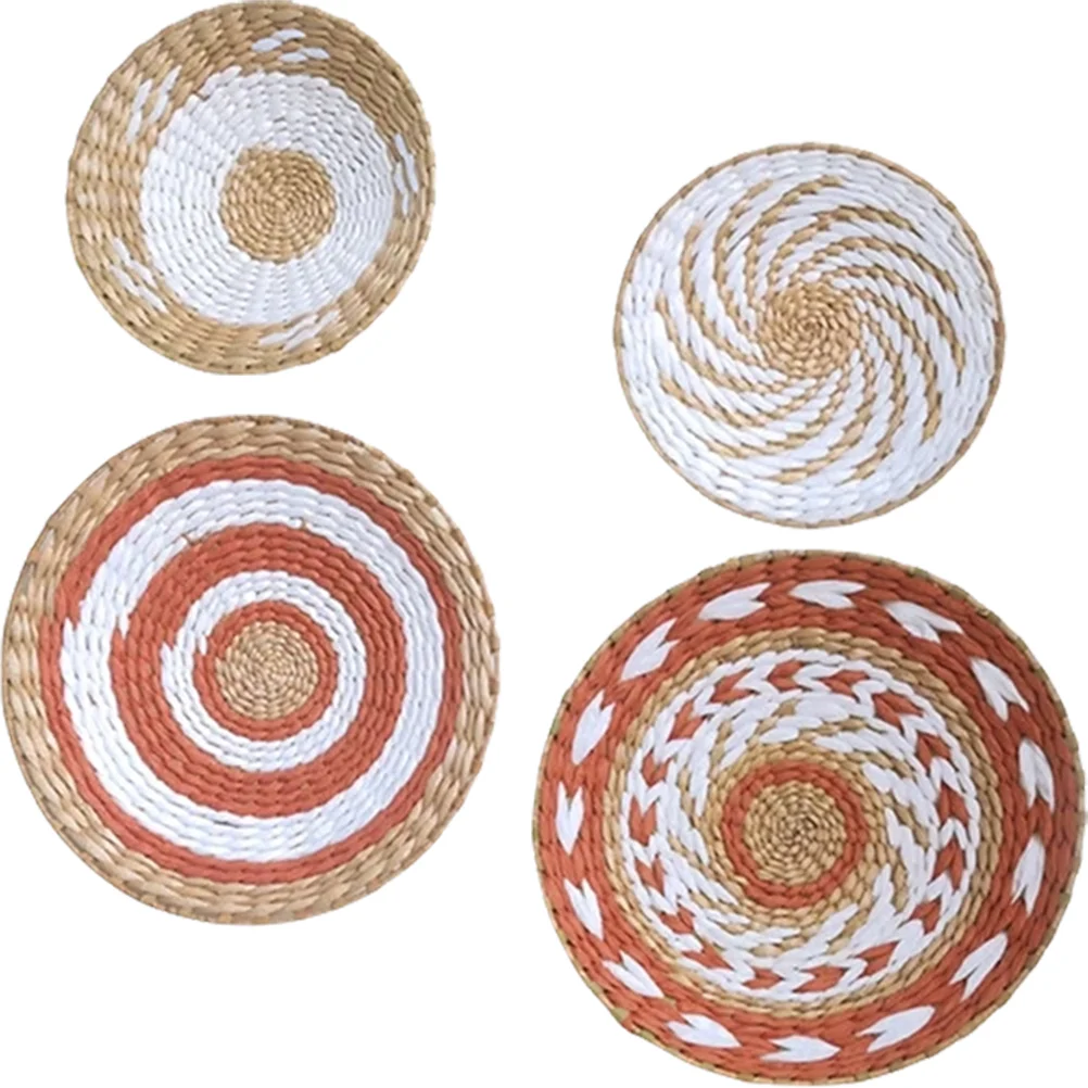 4 Pcs Wall Decoration Plates Bright Colorful Patterns Woven Basket Decorations Straw Hanging Nordic Style Home naments