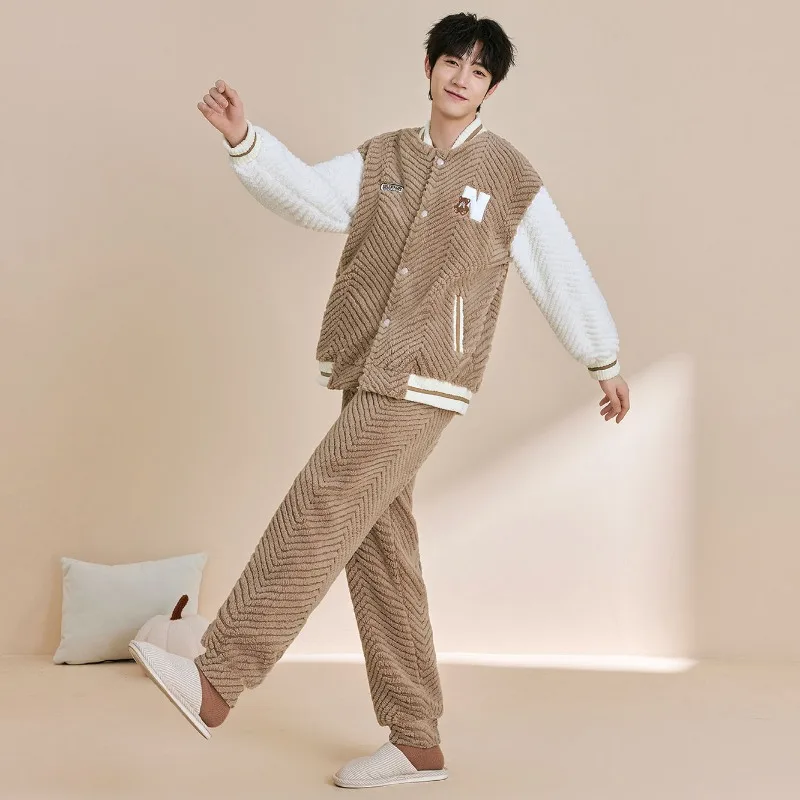 Male Baseball Collar Flannel Home Clothes Outside Wear Autumn Winter Pajamas Men Loose Simple Casual Two-piece Loungewear Suit