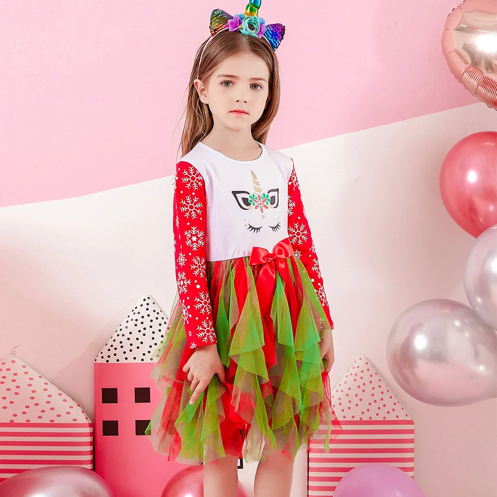 Girls New Year Christmas dress kids green red snowflakes bow knot dresses girls irregular mesh tulle tutu princess dress