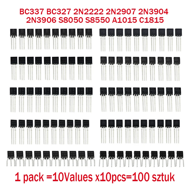Transistors Kit 100PCS Set BC337 BC327 2N2222 2N2907 2N3904 2N3906 S8050 S8550 A1015 C1815 TO-92 10Values x10pcs