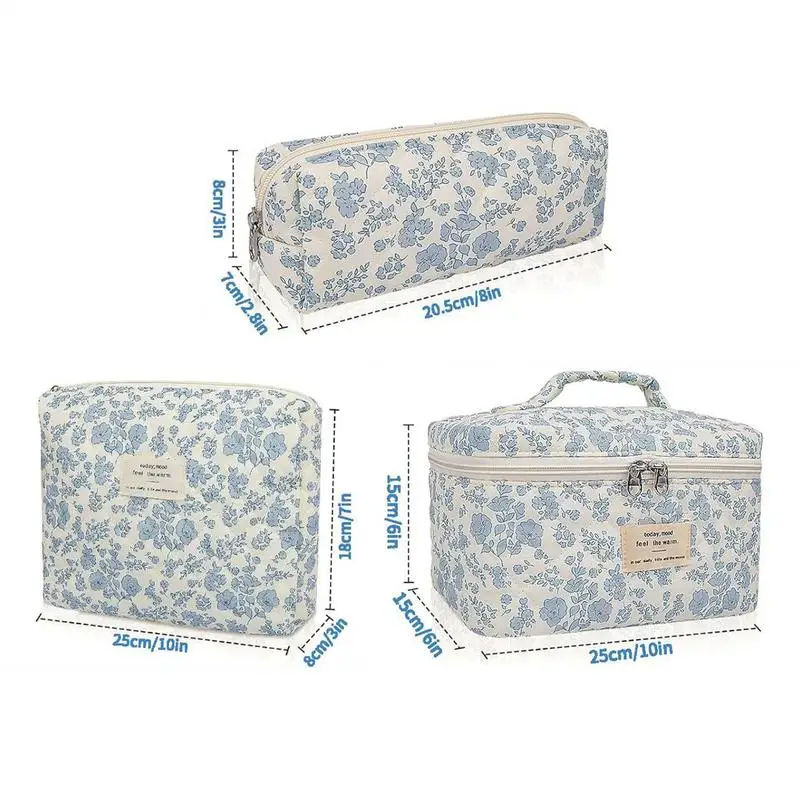 Floral Makeup Bag for Women 3X Cotton Quilted Cosmetic Tote Travel Toiletry Storage Pouch Handbag Flower Cotton Zipper Bags