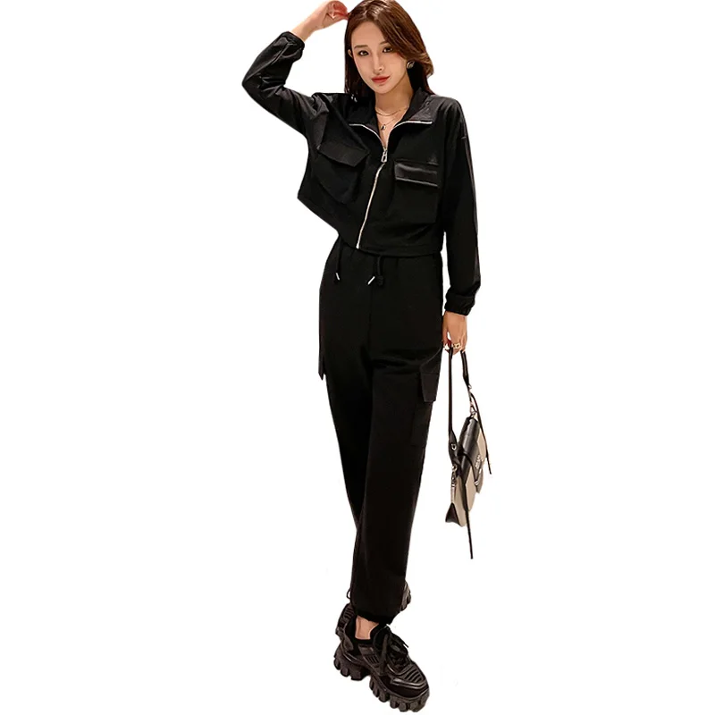

Women Two Piece Set Casual Jacket Tops And Pant Plus Size Matching Outfit Sport Run Streetwear Solid Black Gray Spring Tracksuit