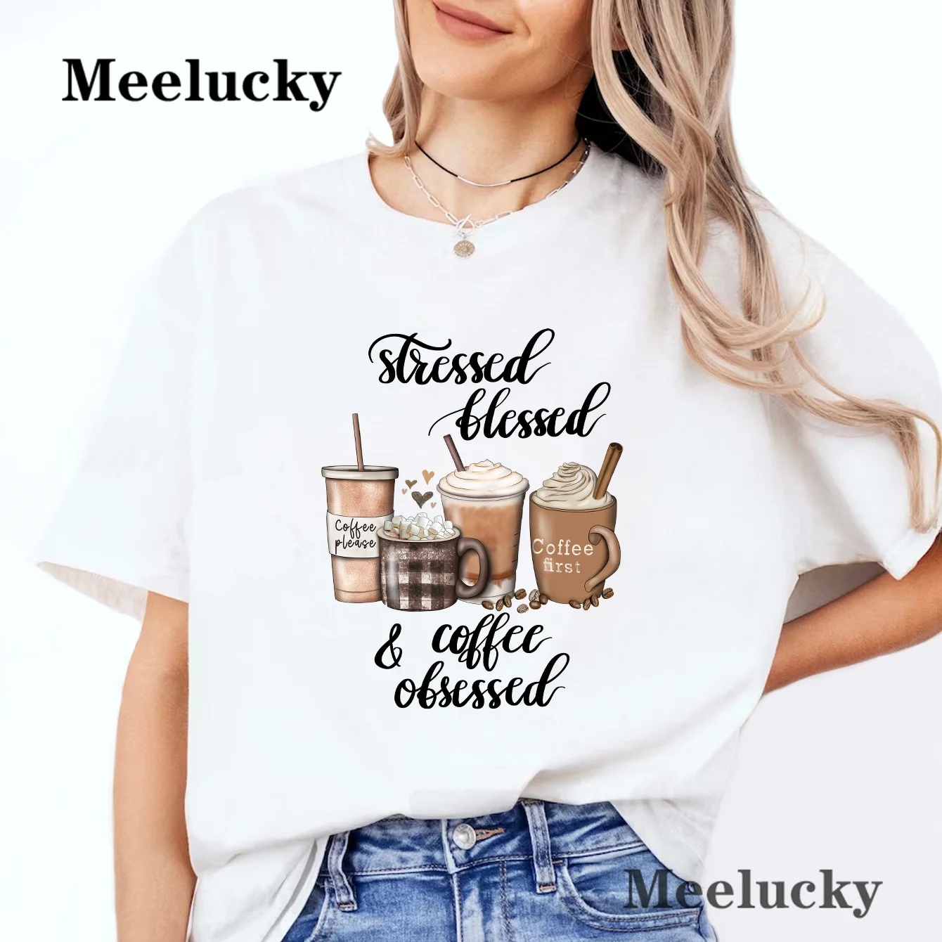 

Stressed Blessed Coffee Print T shirts for Women Summer Short Sleeve Tee Shirt Fashion Casual T shirts Tops