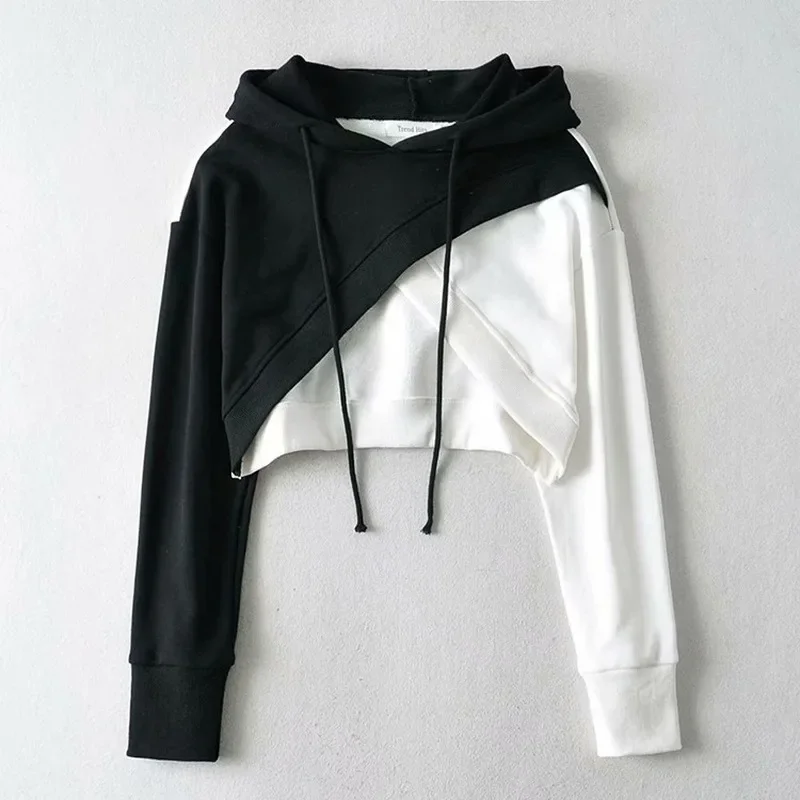 2024 Women Street Style Irregular Stitching Purple Hooded Pullover Woman Fall New Contrast Color Cropped Top Female Korean Tops
