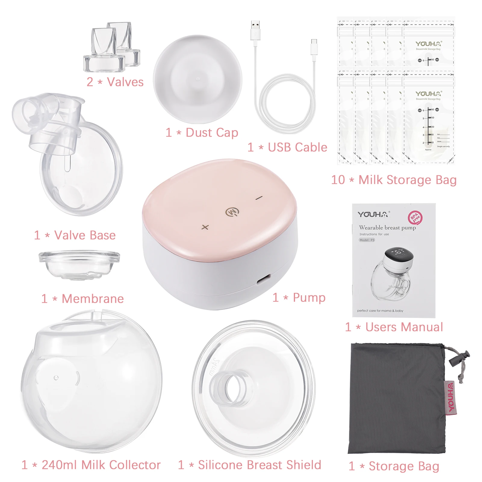 YOUHA P3 Wearable Breast Pumps Hands Free Electric Breast Pump Low Noise Comfort Milk Collector for Breastfeeding BPA-free electric breast pump