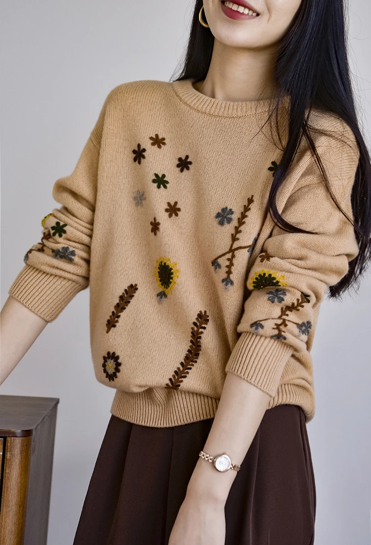 

Свитер из чистой шерсти с вышивкой в тяжелой промышленности, женский осенне-зимний свитер с круглым вырезом, новинка 2022, свободный свитер MY644