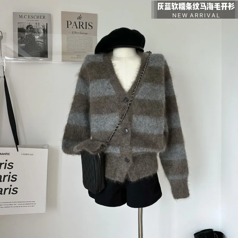 

Винтажный полосатый свитер Y2K, Женский эстетичный свитер для девушек, вязаный кардиган, Женские Новые Топы