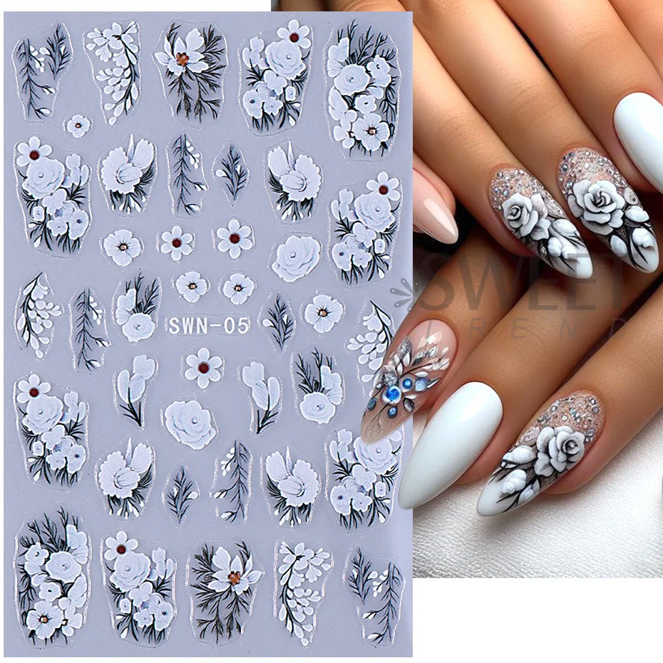 5D Embossed White Flower Nail Stickers Elegant Lace Rose Floral Petals Leaves DIY Self-Adhesive Decal Slider Manicure Decoration 2
