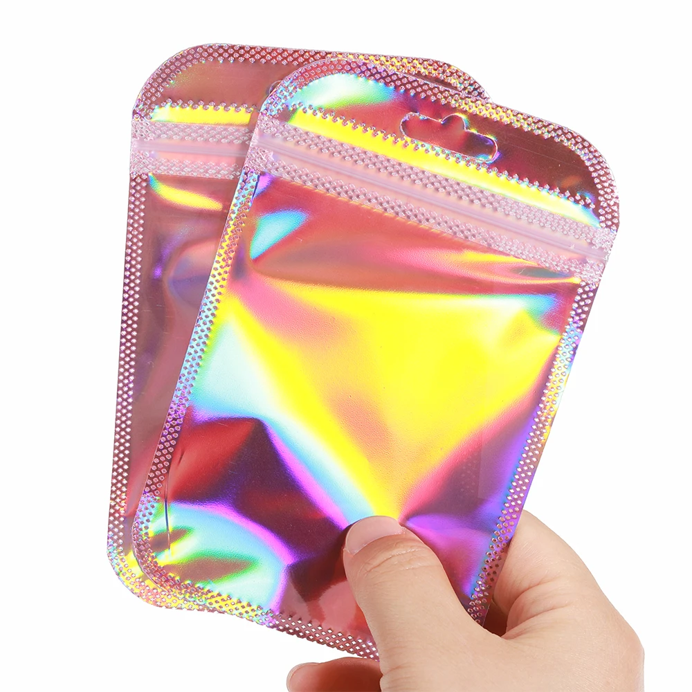 50pcs Long Iridescent Ziplock Bag Transparent Laser Plastic Seal Bags for DIY Jewelry Display Handicrafts Nail Eyelash Packaging