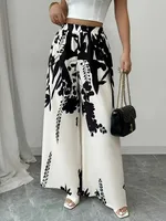 Women's Tropical Print Wide-Leg Pants, Elastic Waist Design, Slim Fit for Casual Vacation Wear 1