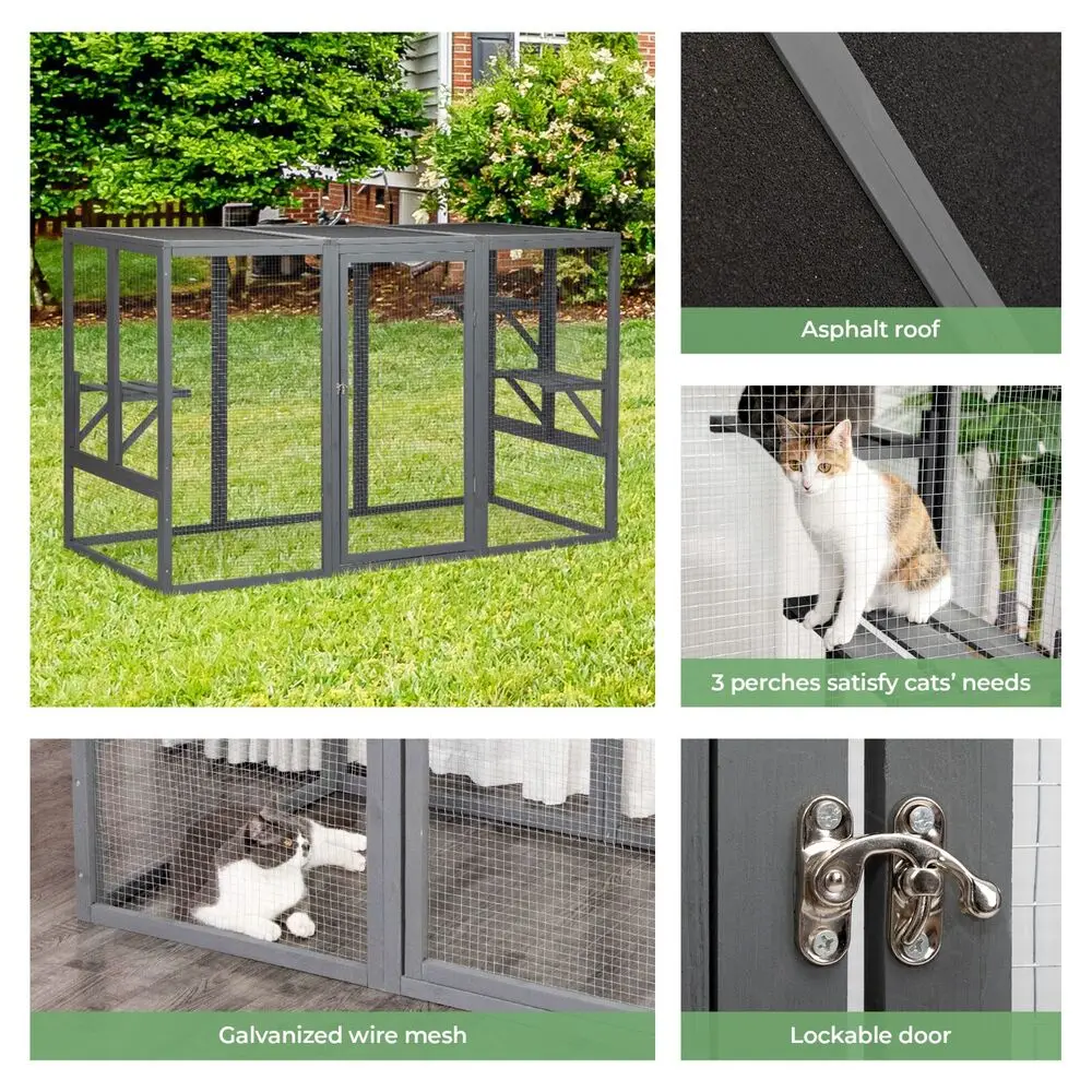 43.5"H Large Wooden Cat Enclosure,Wooden Cat House Weatherproof, Window Catios with 3Platforms,Secure Patio & for Cats