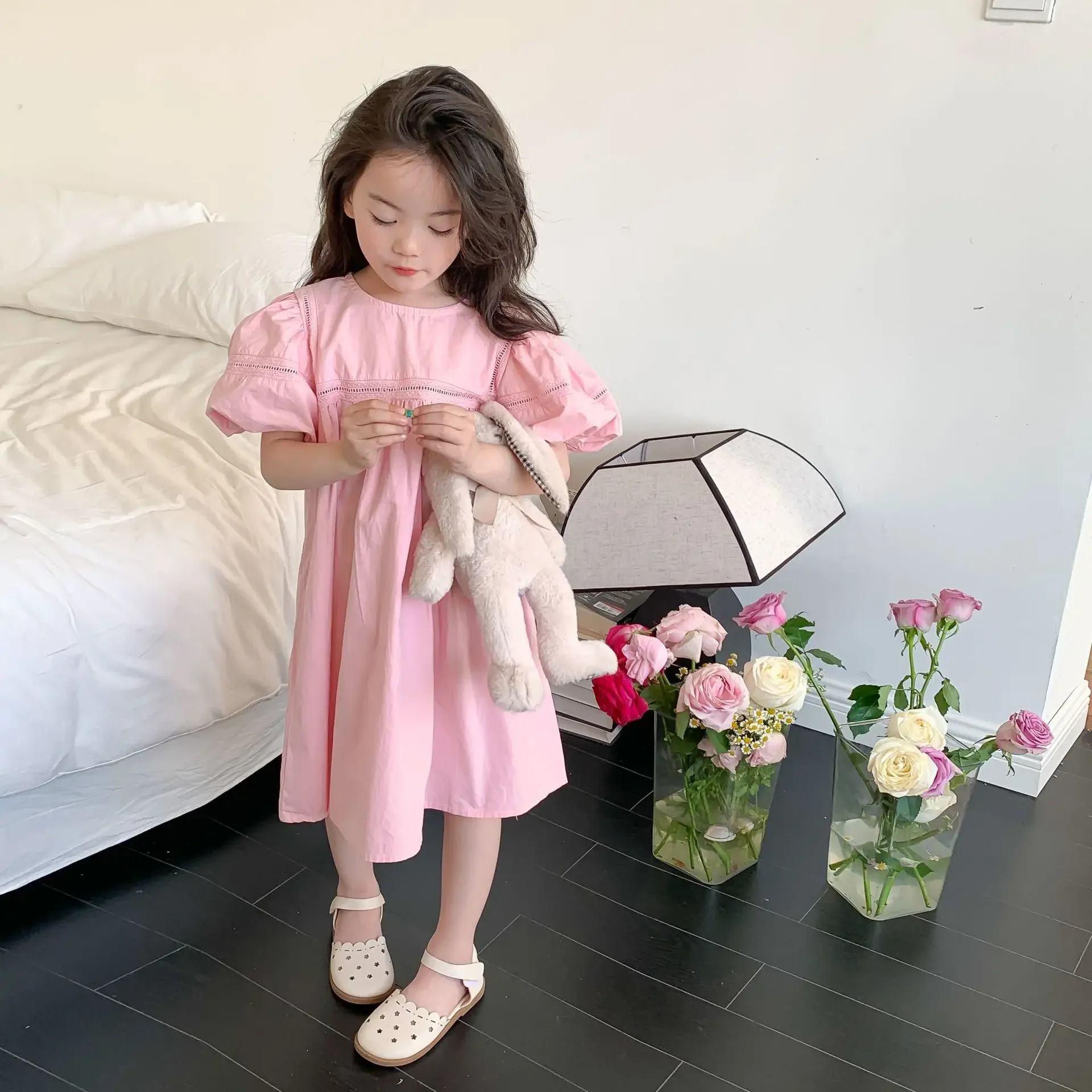 Summer 2-7 Year Korean Baby Girls Dress Puff Short Sleeve Solid Color Princess Children Girls Dress Draped Kid