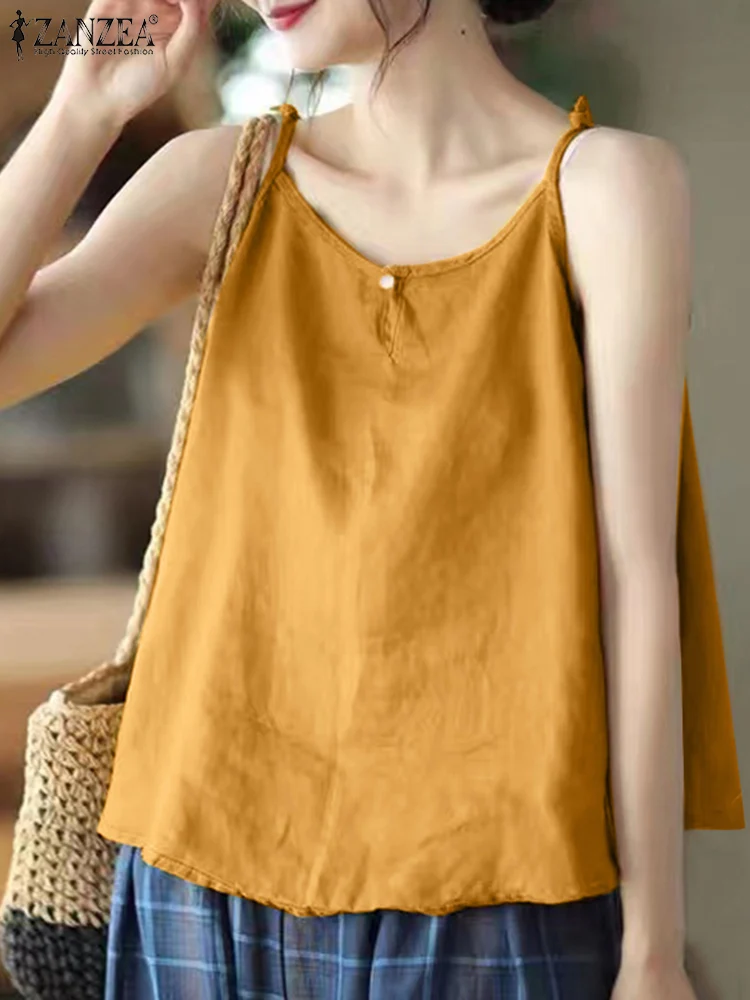 

ZANZEA Summer Women Cotton Camis Casual Loose Solid Camisole Adjustable Straps Holiday Tank Tops Ladies Plain Sleeveless Tees